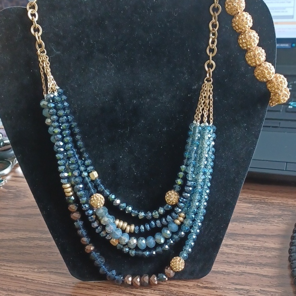 Joan Vass beaded goldtone blue iridescent necklace and bracelet,  10-12" drop